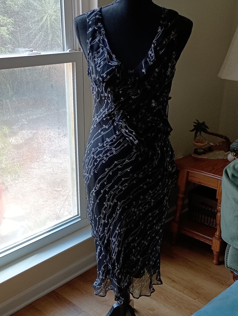 Sleeveless Navy Floral-Print Ruffle Midi Dress
